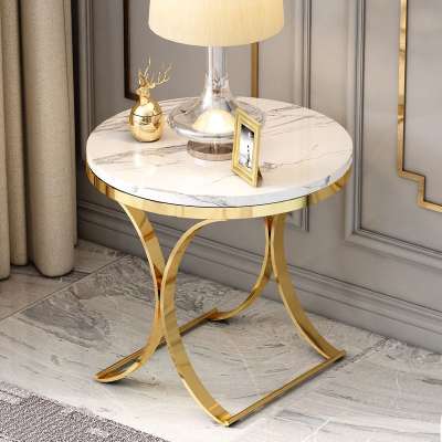 Luxury Modern design stanieless steel artifical marble top round side table polished gold